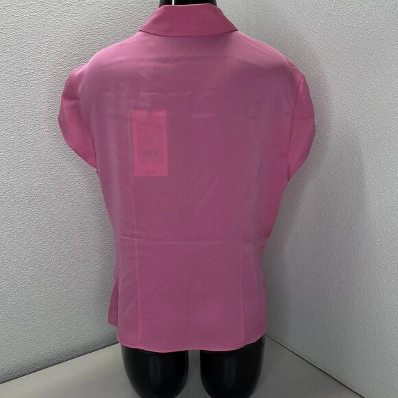NEW THEORY Women’s Shirt Bright Pink Size L Cap Short Sleeve Silk Georgette - Picture 7 of 10
